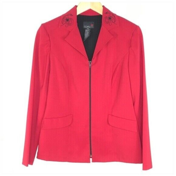 Scarlett Jackets & Blazers - 90s Red Suit Jacket Zip Front Dressy Size 5/6 Floral Embroidered Collar Office